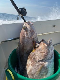 Two large fish in a green bucket on a boat, with a fishing rod and the ocean visible in the background.