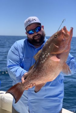 Man in blue shirt and cap holding a large fish on a boat with ocean in the background.