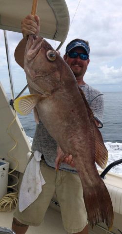 Man on a boat holding a large fish vertically by its mouth, smiling at the camera with the sea in the background.